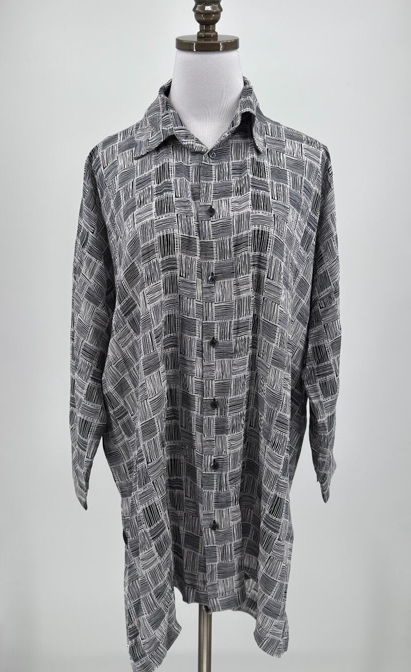 Eskandar Black White Geometric Silk Long Sleeve Button Up Tunic Top Sz 0